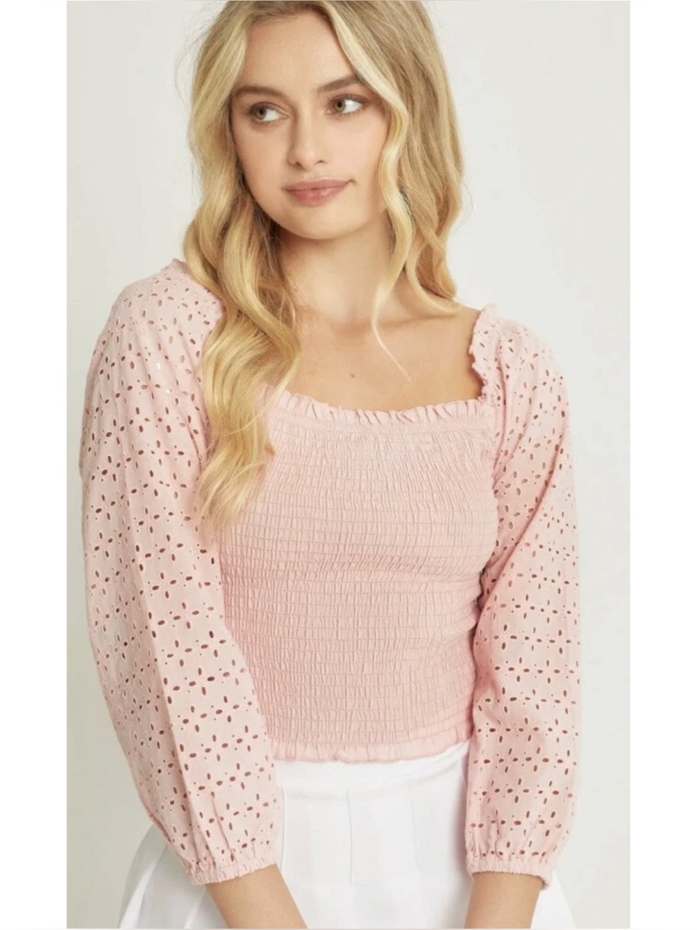 Love Tree Eyelet Puff Sleeve Smocked Crop Top